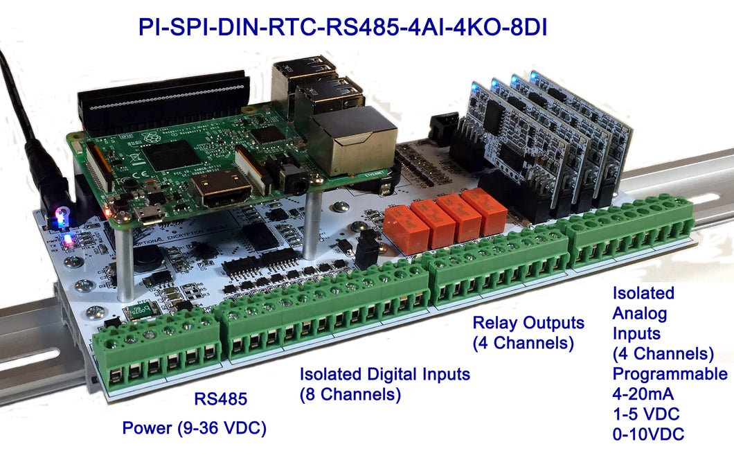 PI-SPI-DIN-RTC-RS485-4AI-4KO-8DI Input/Output I/O Module Interface Layout